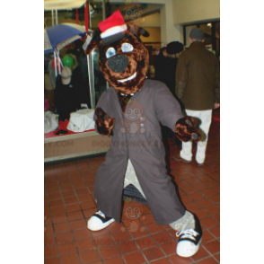 Brun hund BIGGYMONKEY™ maskotkostume med lang grå pels og hue -