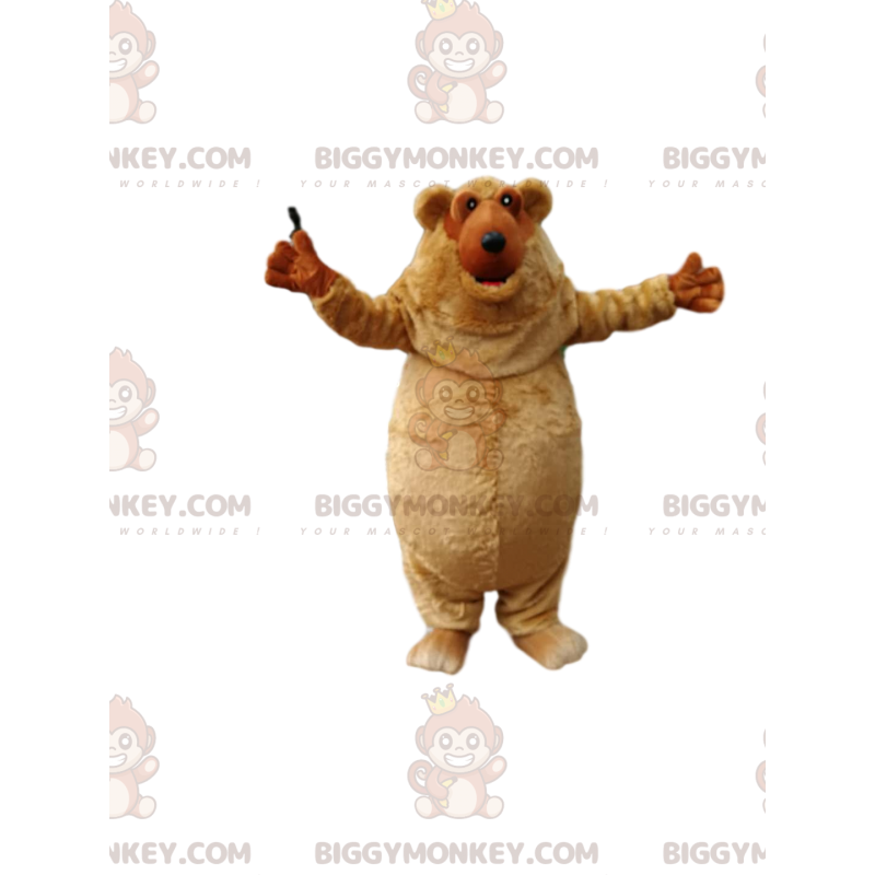 Mycket glad liten fyllig brun björn BIGGYMONKEY™ maskotdräkt. -