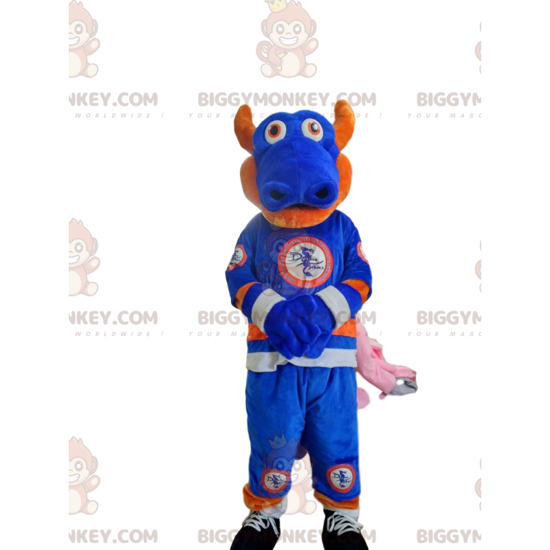 Blauwe en oranje draak BIGGYMONKEY™ mascottekostuum in