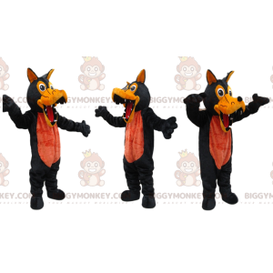 BIGGYMONKEY™ maskotkostume sort og orange ulv med store tænder