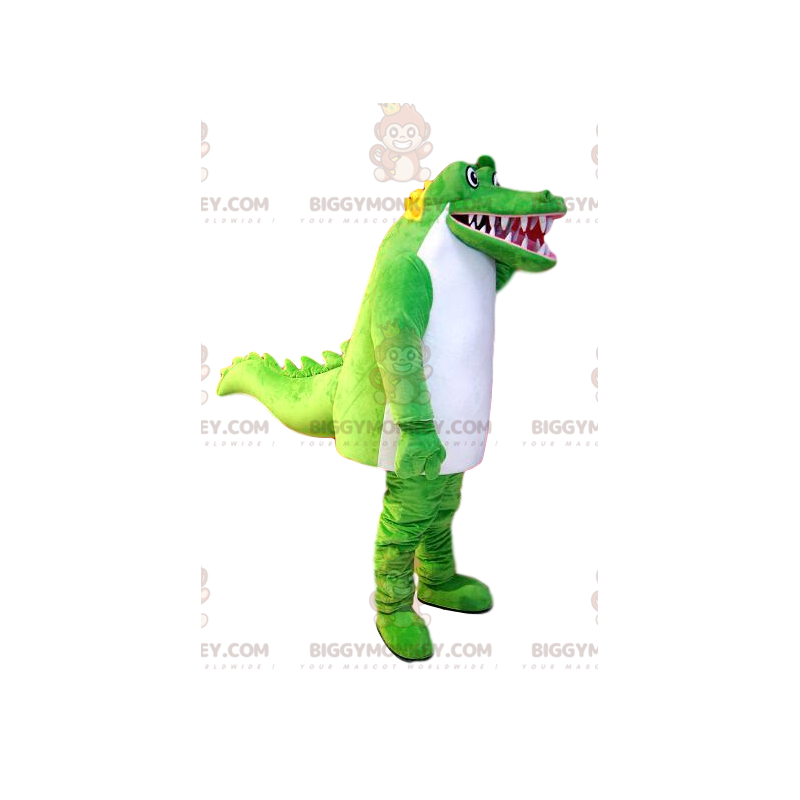 Fato de mascote BIGGYMONKEY™ de crocodilo verde e branco super