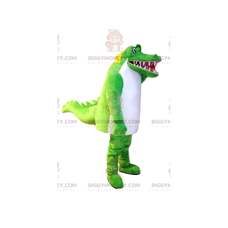 Superrolig grön och vit krokodil BIGGYMONKEY™ maskotdräkt.