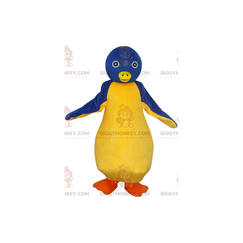 Traje de mascote BIGGYMONKEY™ de pinguim azul e amarelo com