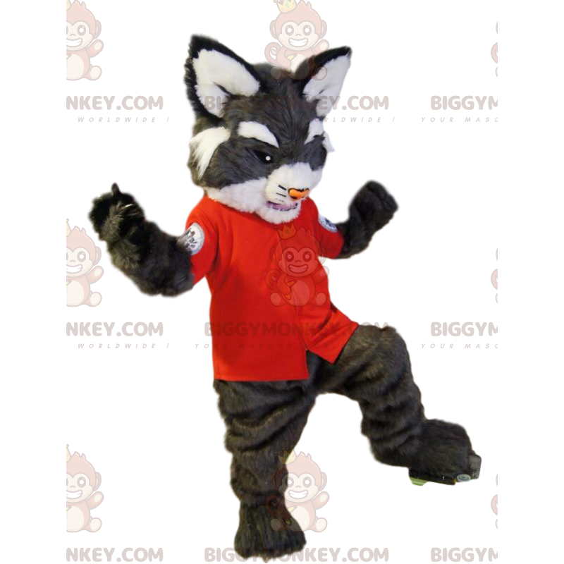 Kostium maskotki BIGGYMONKEY™ Szary dziki kot z czerwoną