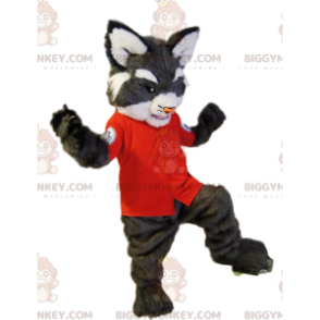 BIGGYMONKEY™ Mascot Costume Gray Wild Cat With Red Shirt –