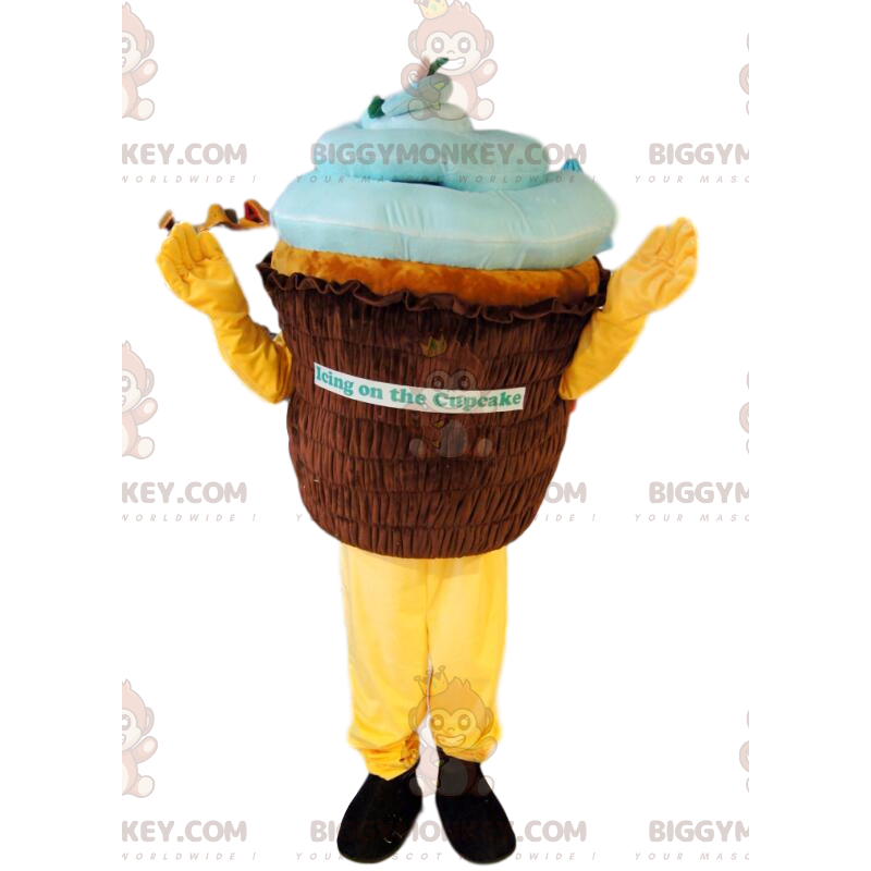 Bruin en blauw Cupcake BIGGYMONKEY™ mascottekostuum. cupcake