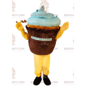 Brun och blå Cupcake BIGGYMONKEY™ maskotdräkt. cupcake kostym -