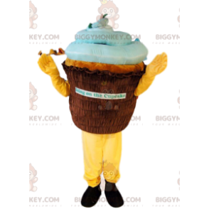 Kostým maskota BIGGYMONKEY™ hnědý a modrý cupcake. košíček