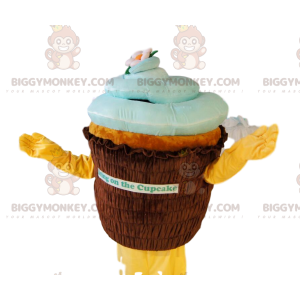 Traje de mascote BIGGYMONKEY™ para cupcake marrom e azul.