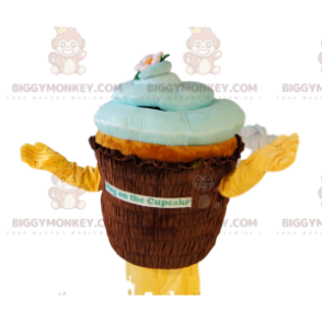 Kostým maskota BIGGYMONKEY™ hnědý a modrý cupcake. košíček