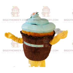 Traje de mascote BIGGYMONKEY™ para cupcake marrom e azul.