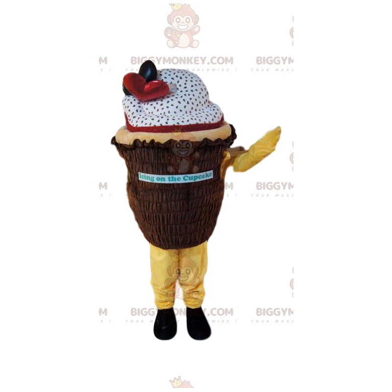 Traje de mascote BIGGYMONKEY™ de cupcake branco e marrom com