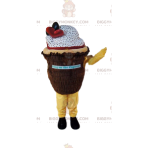 Traje de mascote BIGGYMONKEY™ de cupcake branco e marrom com