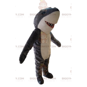 Costume de mascotte BIGGYMONKEY™ de requin gris et blanc.