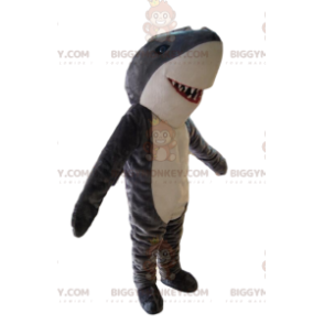 Costume de mascotte BIGGYMONKEY™ de requin gris et blanc.