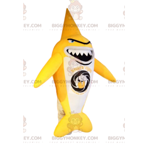 Costume de mascotte BIGGYMONKEY™ de requin jaune et blanc très