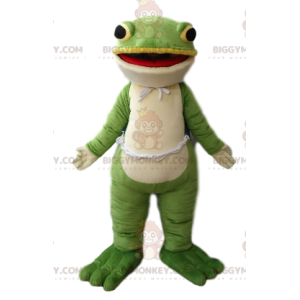 Kostium maskotka bardzo uśmiechnięta zielono-biała żaba