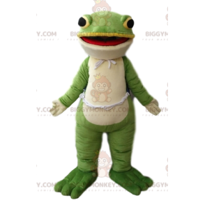 Traje de mascote de sapo verde e branco muito sorridente