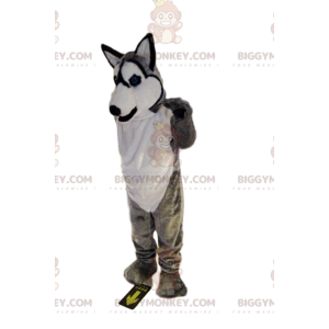 Traje de mascote BIGGYMONKEY™ de husky cinza e branco