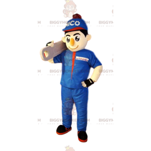 BIGGYMONKEY™ mascot costume of handyman in blue work clothes. –