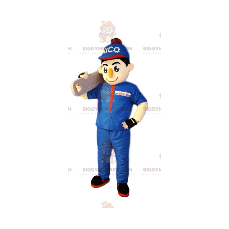 BIGGYMONKEY™ mascot costume of handyman in blue work clothes. –