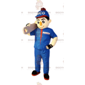 BIGGYMONKEY™ mascot costume of handyman in blue work clothes. –