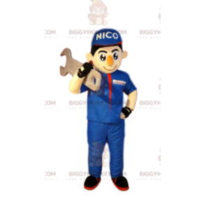 BIGGYMONKEY™ mascot costume of handyman in blue work clothes. –