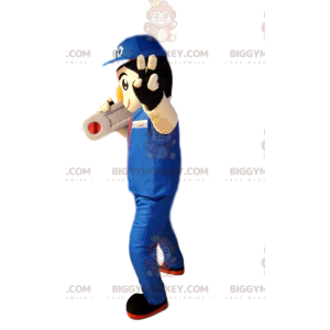 BIGGYMONKEY™ mascot costume of handyman in blue work clothes. –