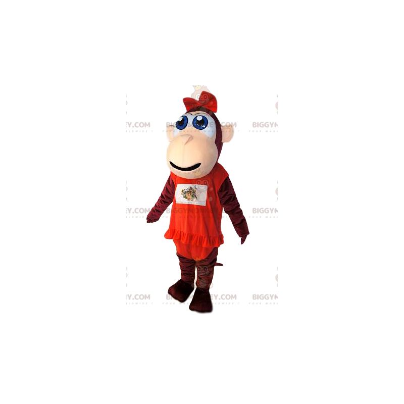 Bruine aap BIGGYMONKEY™ mascottekostuum, met een rode jurk met
