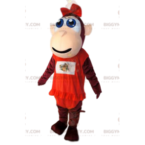 Brown monkey BIGGYMONKEY™ mascot costume, with a red ruffled