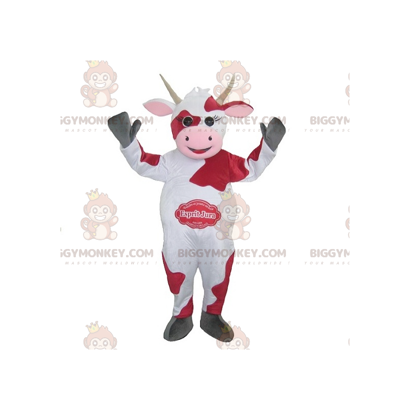 Costume da mascotte BIGGYMONKEY™ da mucca bianca rossa e rosa -