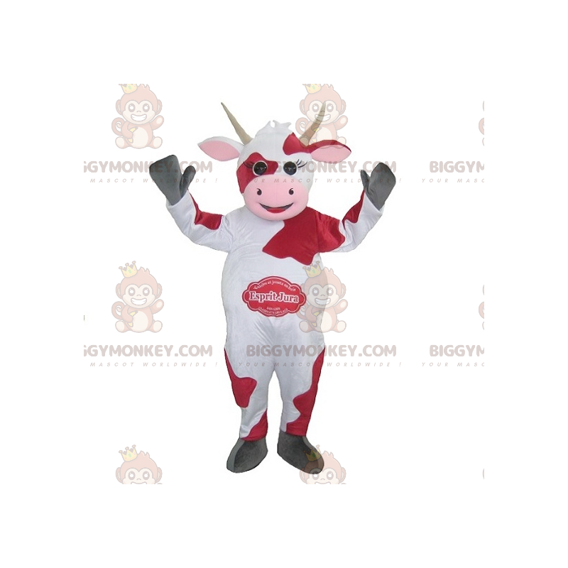 Fantasia de mascote BIGGYMONKEY™ de vaca branca vermelha e rosa