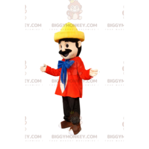 Traje de mascote BIGGYMONKEY™ de homem em roupa colorida com