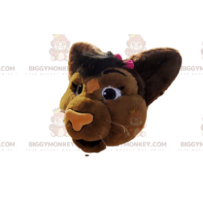 BIGGYMONKEY™ Maskotdräkt Huvud av brun lejoninna med rosa fluga