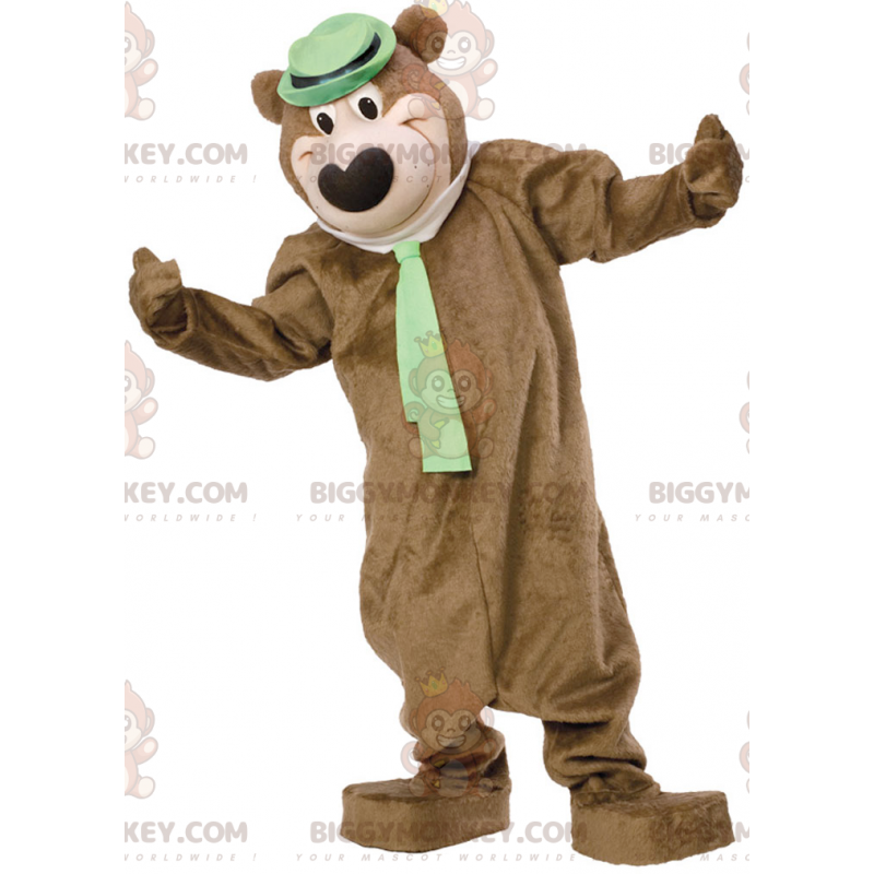 Brown Bear BIGGYMONKEY™ maskottiasu, jossa hattu ja solmio -