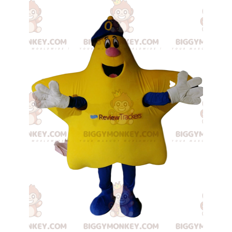 Mycket glad gul stjärna BIGGYMONKEY™ maskotdräkt med en blå