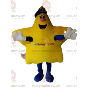 Very happy yellow star BIGGYMONKEY™ mascot costume with a blue