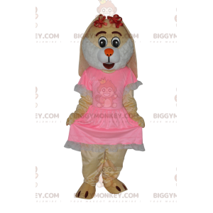 BIGGYMONKEY™ Μασκότ Κρεμ κουνελάκι με χαριτωμένο ροζ φόρεμα -