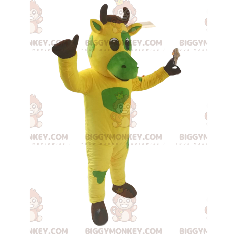 Gelbes und grünes Kuh-BIGGYMONKEY™-Maskottchen-Kostüm. Gelbes