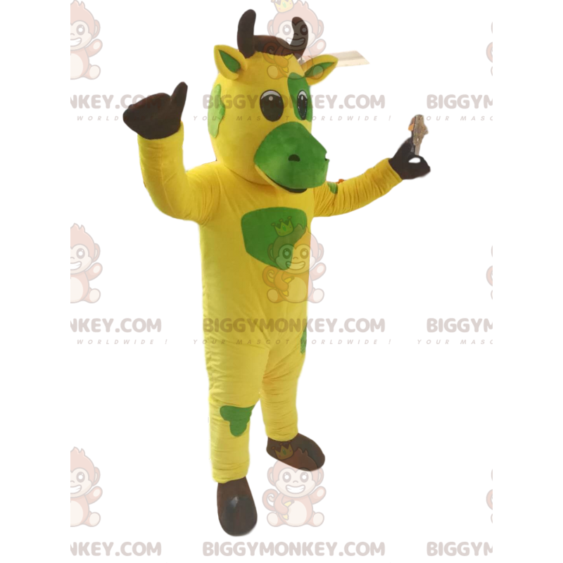 Traje de mascote de vaca amarela e verde BIGGYMONKEY™. fantasia