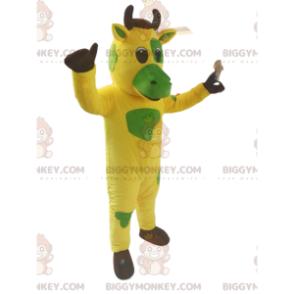 Kostým maskota žluté a zelené krávy BIGGYMONKEY™. Kostým žluté