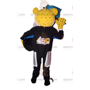 BIGGYMONKEY™-mascottekostuum van gele luipaard in motoroutfit.