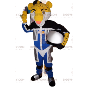 BIGGYMONKEY™ Mascot Costume of Yellow Leopard in Biker Outfit.