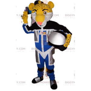 BIGGYMONKEY™-mascottekostuum van gele luipaard in motoroutfit.