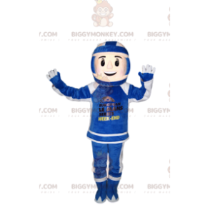 BIGGYMONKEY™ mascot costume of biker in blue and white outfit.