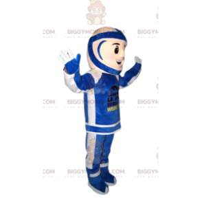 Costume de mascotte BIGGYMONKEY™ de motard en tenue bleue et