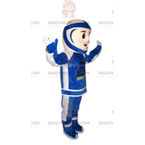 Fato de mascote BIGGYMONKEY™ de motociclista em roupa azul e