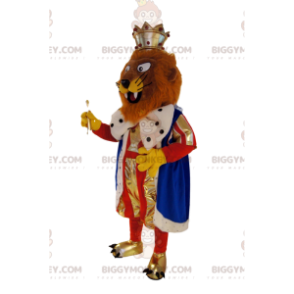 BIGGYMONKEY™ maskottiasu ruskeasta leijonasta kuningasasussa.