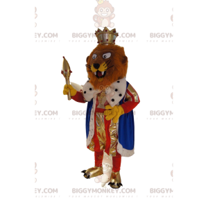 Traje de mascote BIGGYMONKEY™ de leão marrom em traje de rei.