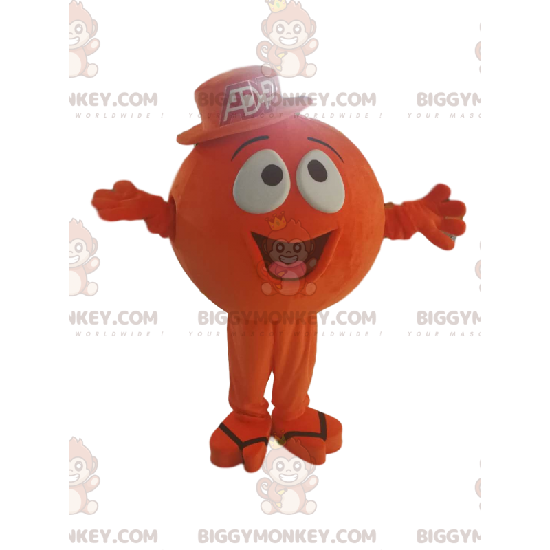 Kostým oranžového kulatého znaku BIGGYMONKEY™ maskota s velkým
